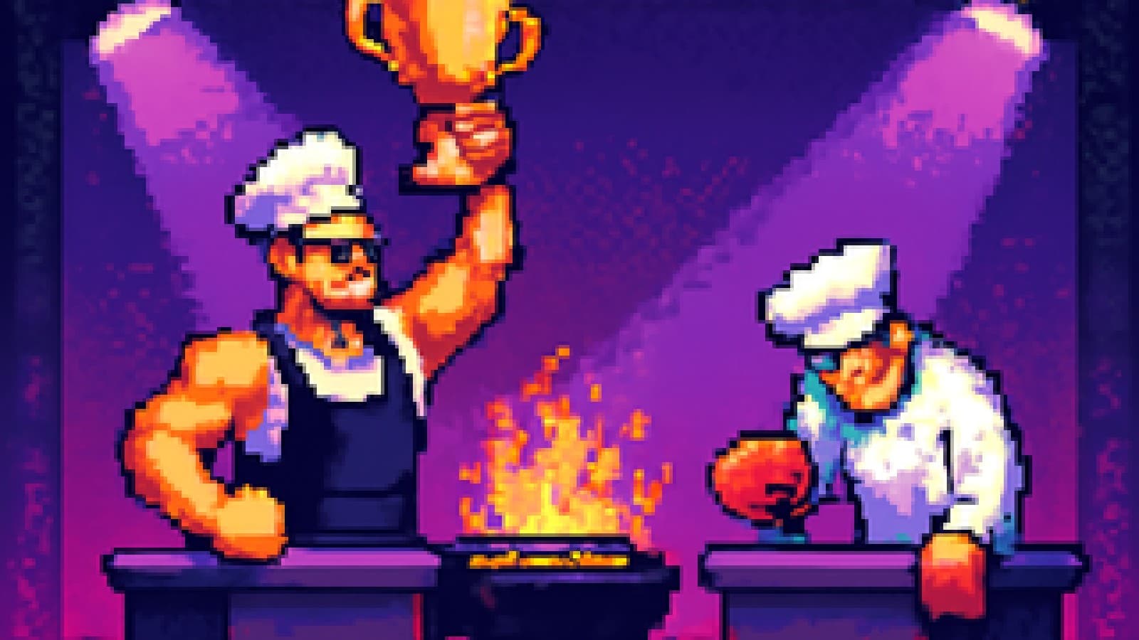 Pixel-art cooking-show scene with a muscular chef in sunglasses holding up a golden trophy while a rival chef in a boxing-glove oven mitt slumps at the next grill.