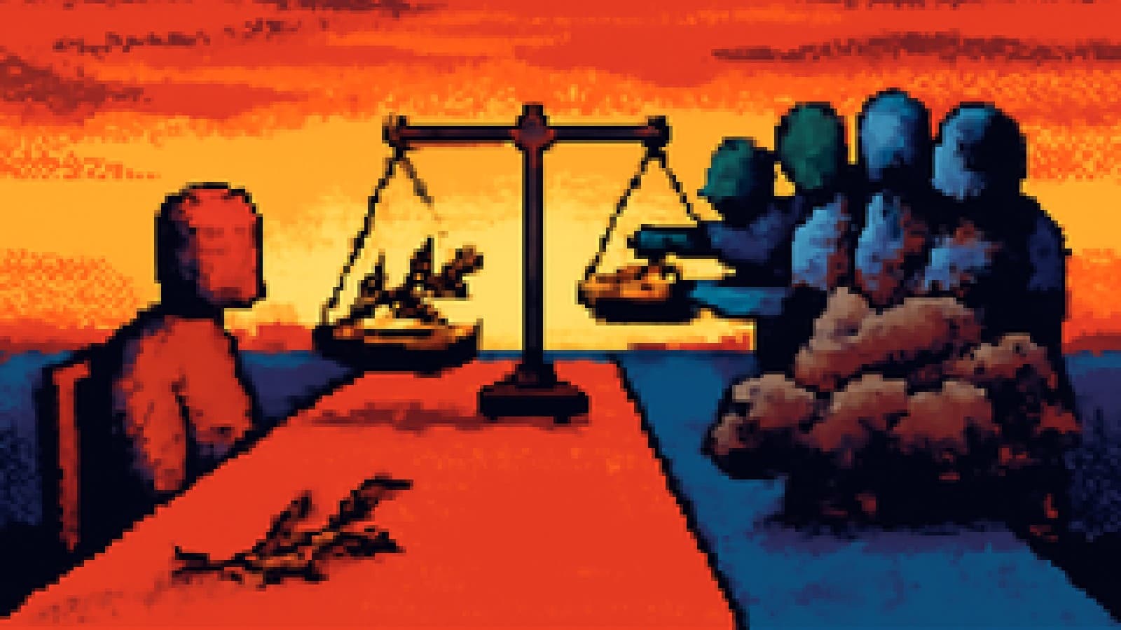 Pixel-art negotiating table with an olive branch and storm clouds on a set of scales that tips slightly towards peace