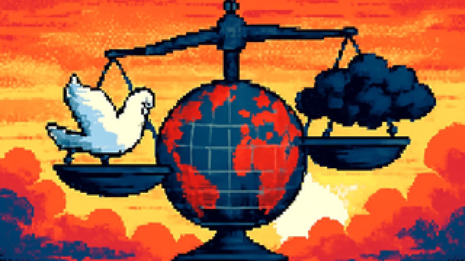 Pixel-art globe on scales balancing a dove against storm clouds, tipping slightly towards the dove
