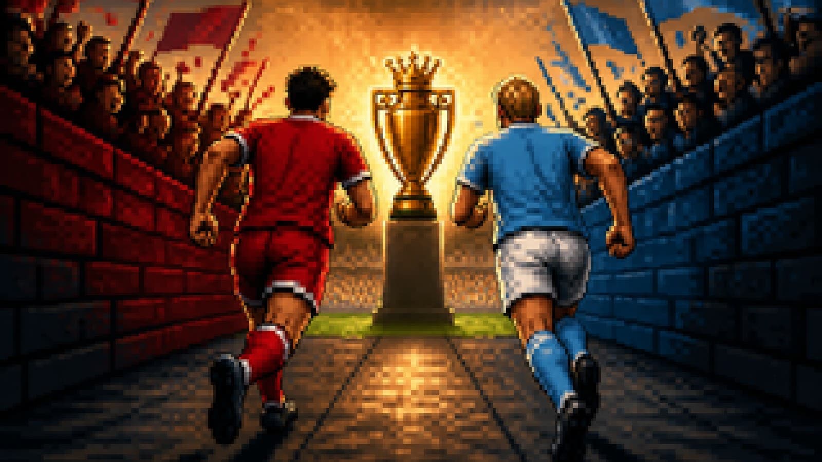 Red and sky-blue clad runners racing toward a golden trophy in a roaring stadium