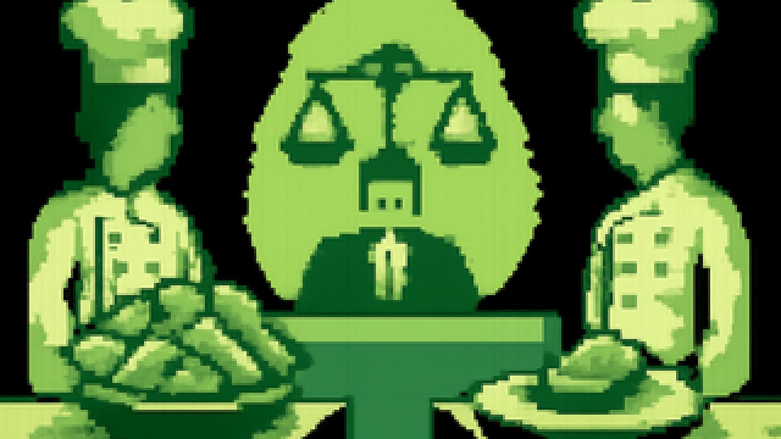 Pixel-art cook-off with a heaped platter and a minimalist plate balanced on a judge's scale