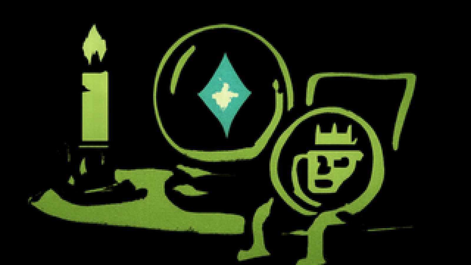 Pixel art of a crystal ball glowing blue beside a sulking golden coin king in candlelight.