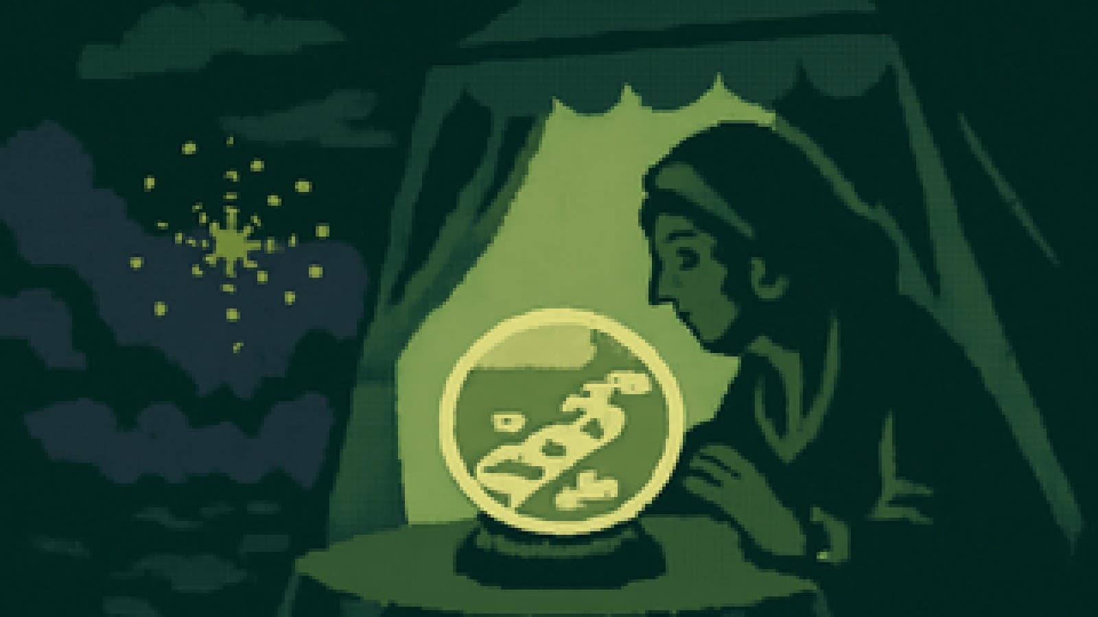 Pixel-art crystal ball showing a calm river of coins while a small golden firework fades in the fog outside a fortune teller's tent