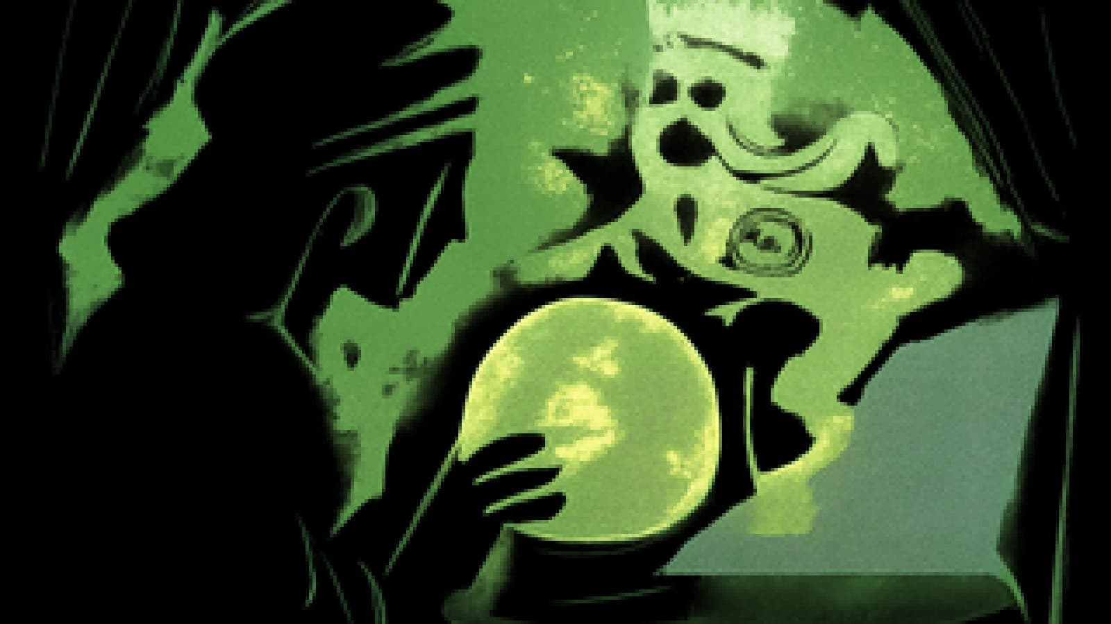 Pixel-art crystal ball showing a crowned ghost made of banknotes rising over a fading spirit of glittering digital coins