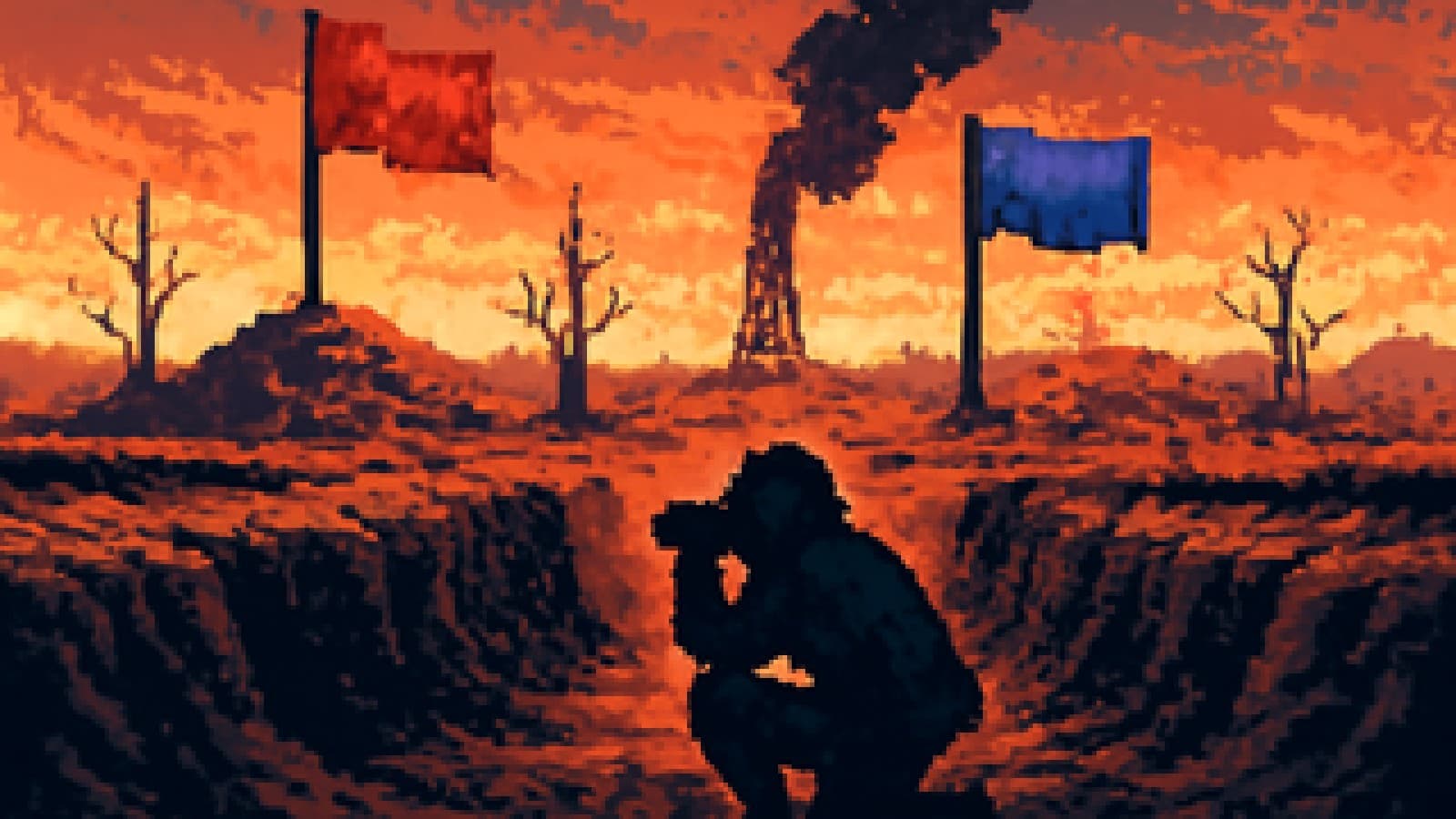 Pixel-art battlefield with two opposing trenches flying plain flags over a scorched landscape, one flag raised higher on a hill.