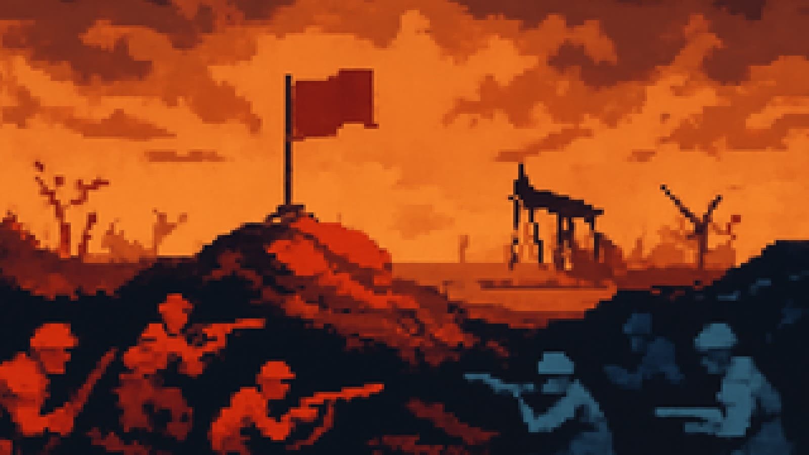 Pixel-art battlefield on a polluted landscape with one flag raised victoriously on a hill above a rival trench.