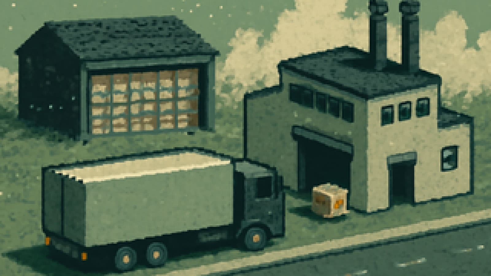 Pixel art of a delivery truck at an almost empty loading dock, with a packed, dusty warehouse in the background.