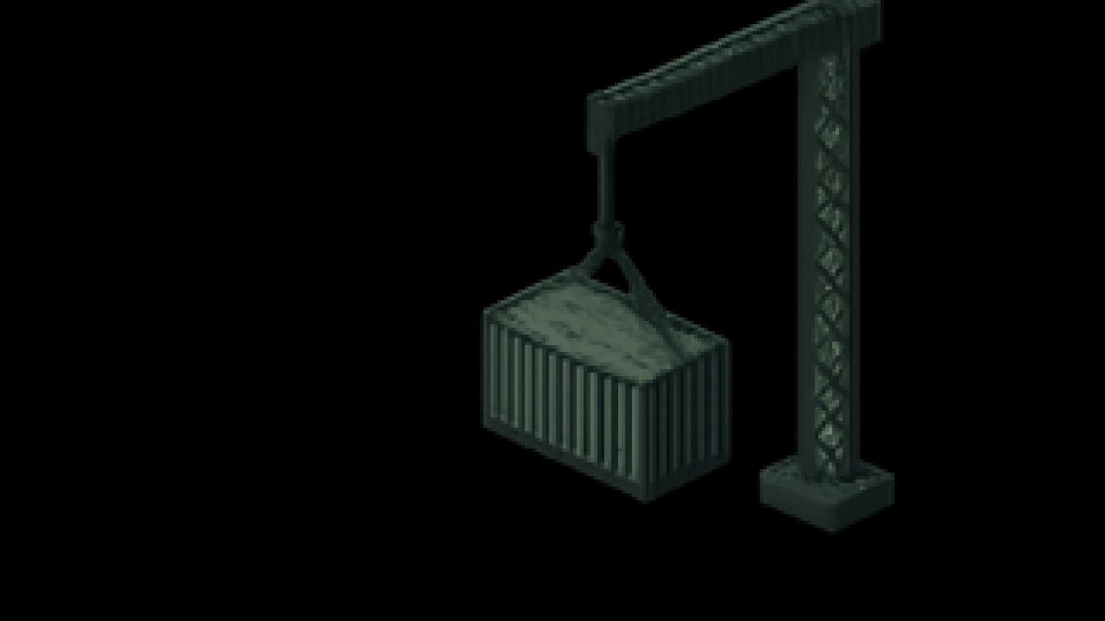 Pixel art of one shipping container landing on an empty factory floor, with dark warehouses in the background.