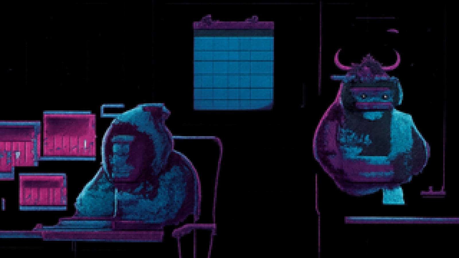 Pixel-art bear and bull facing off in a dark trading room full of candlestick charts
