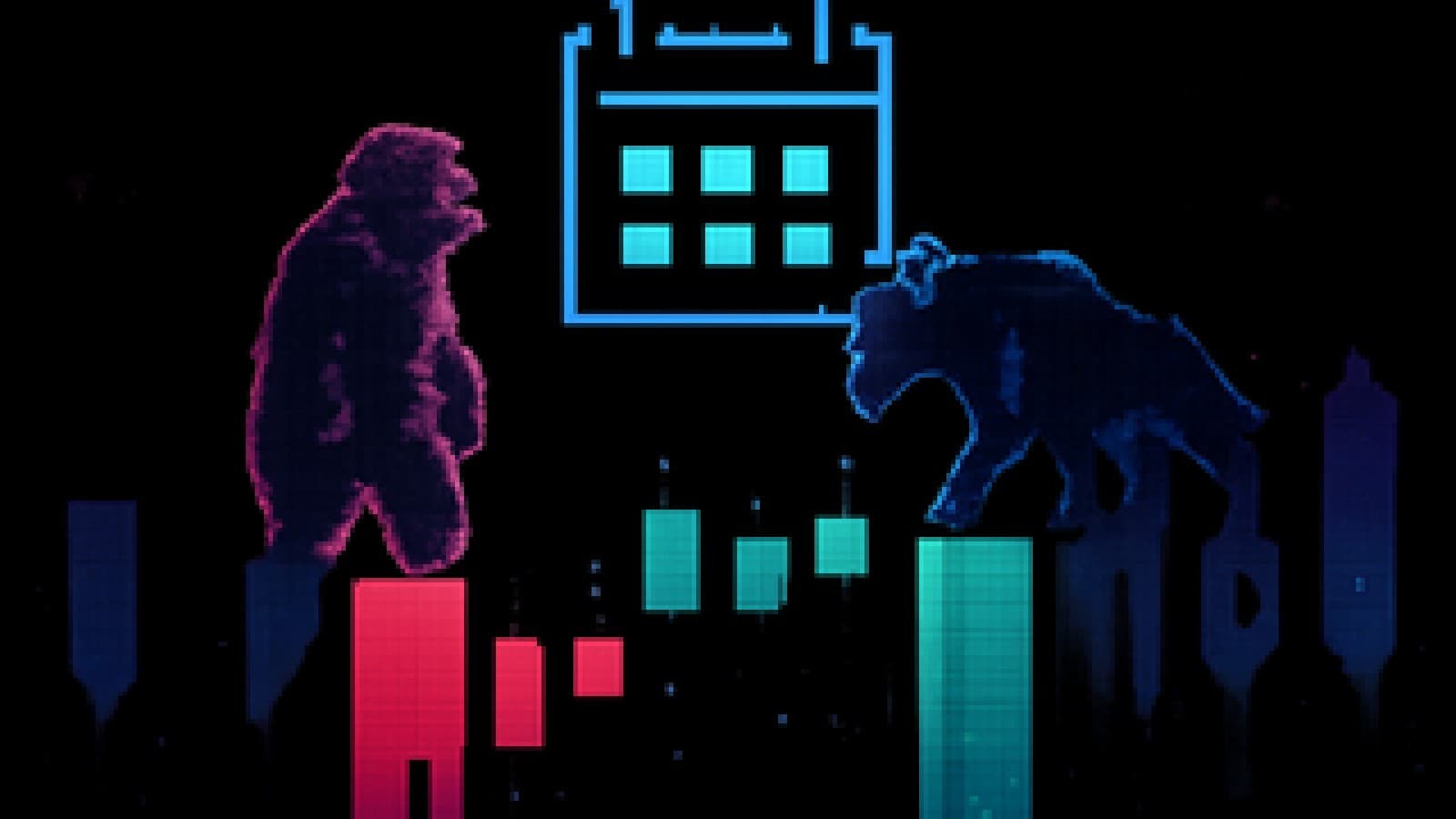 Pixel-art bear and bull facing off on top of red and green candlesticks under a glowing calendar