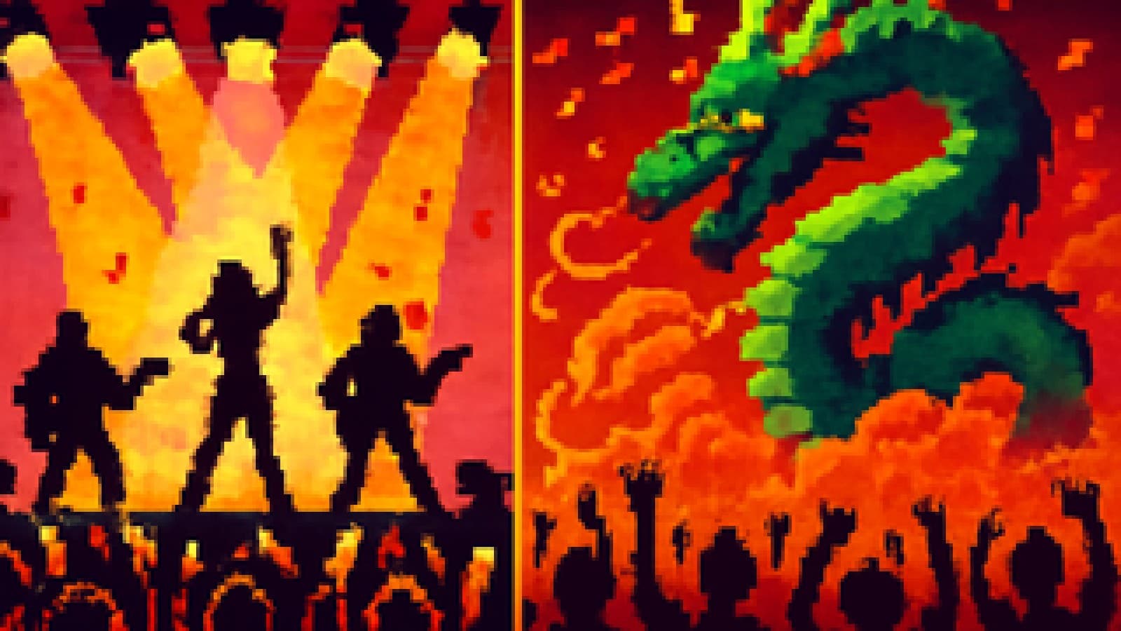 Pixel-art concert stage divided into two halves, one with glowing spotlights and lightsticks, the other with a smoky dragon and cheering fans.