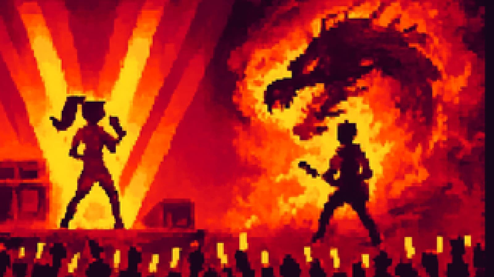 Pixel-art illustration of two rival concert stages, one glittering with spotlights and one with a smoky dragon, facing a crowd waving lightsticks.