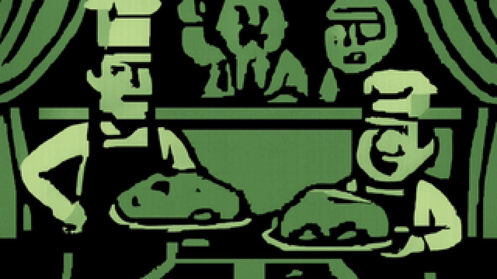 Pixel-art of two chefs at one stove presenting identical car-shaped roasts to a judging panel