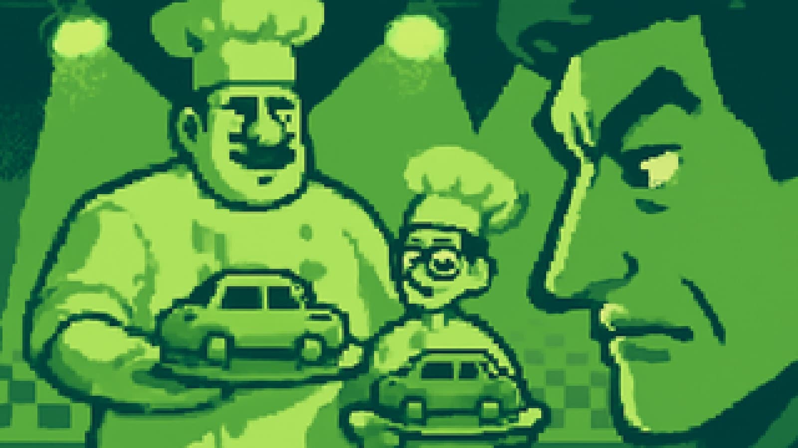 Pixel-art cooking-show scene with two chefs serving car-shaped dishes to a dramatic judge