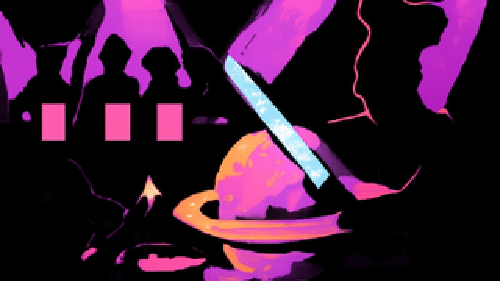 Pixel-art cook-off stage with a glowing saber cutting a planet-shaped cake next to a wand and a bubbling cauldron.