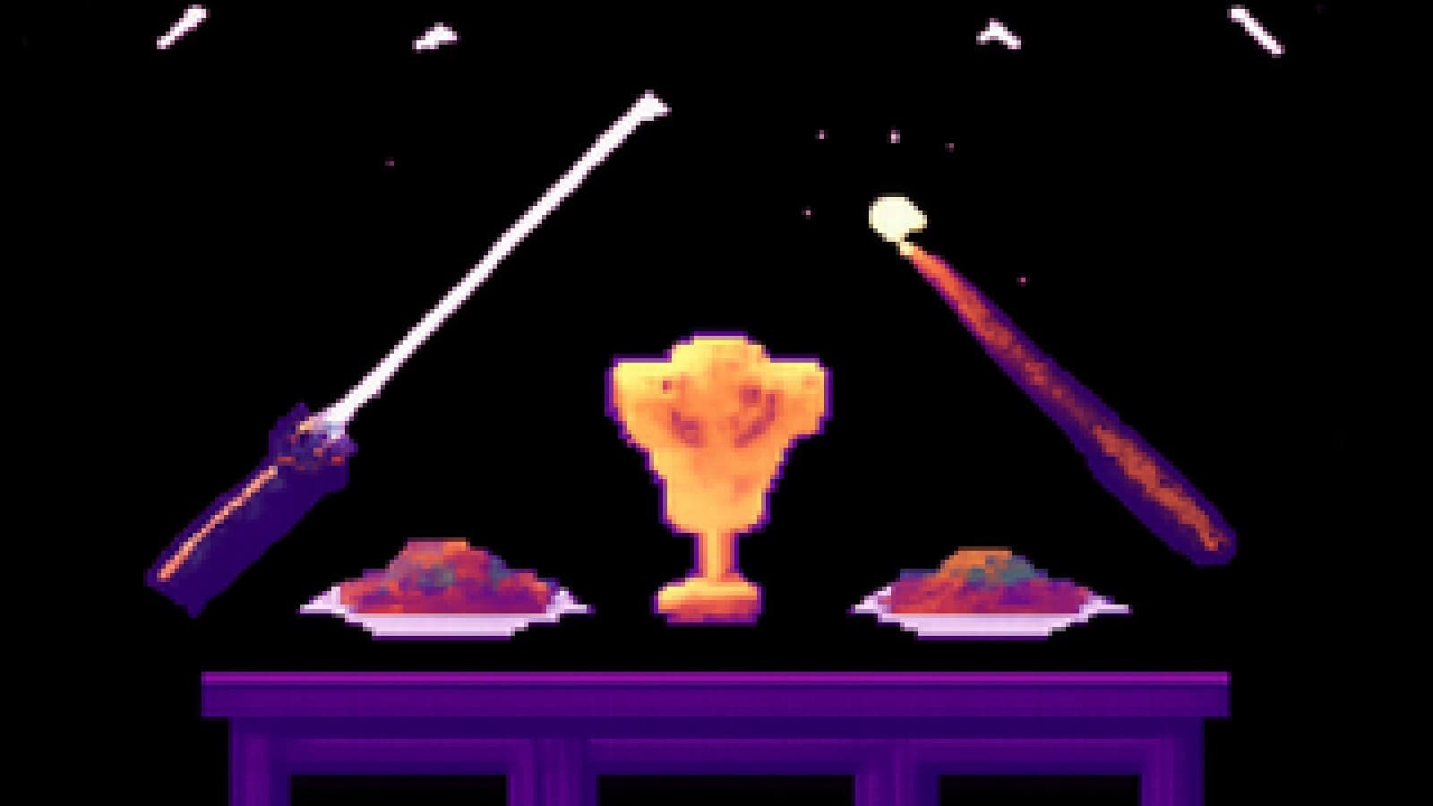 Pixel-art cook-off with a glowing saber and a magic wand facing off over two dishes in front of a trophy.