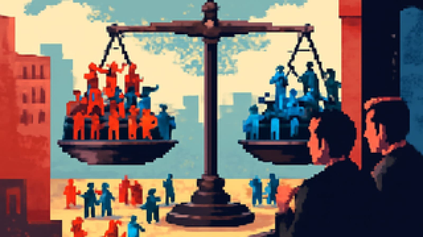 A perfectly level balance scale in a city square, people climbing on both pans while suited figures watch from a balcony.