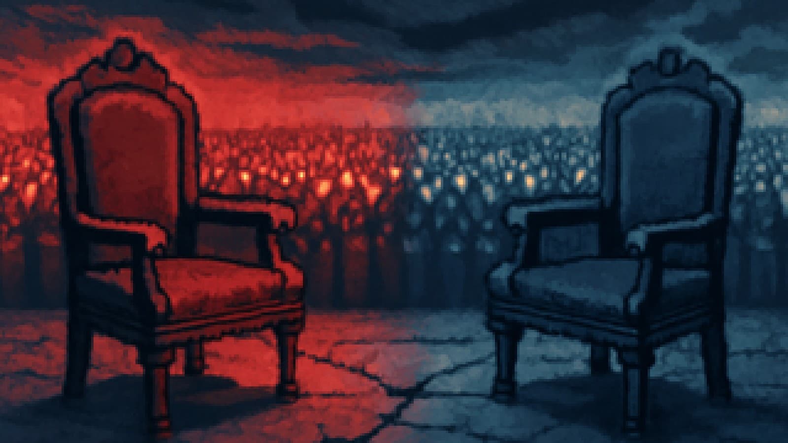 Two empty ornate chairs facing each other across a cracked marble floor, with a torch-carrying crowd split evenly between them.