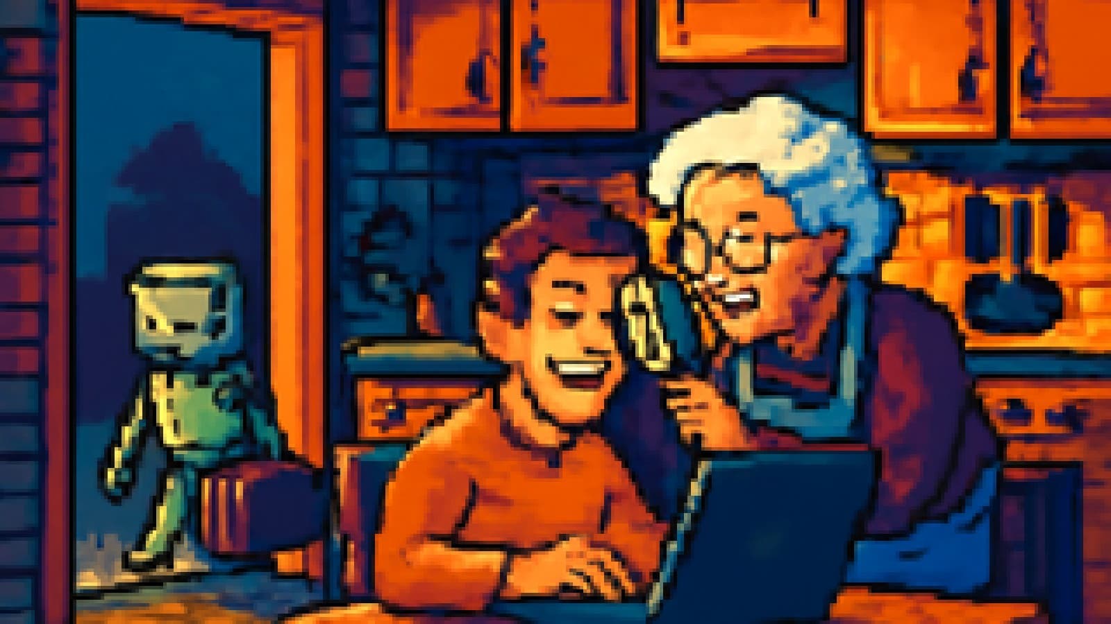 Pixel-art grandmother inspecting a young man at a laptop as a little robot leaves through the kitchen door