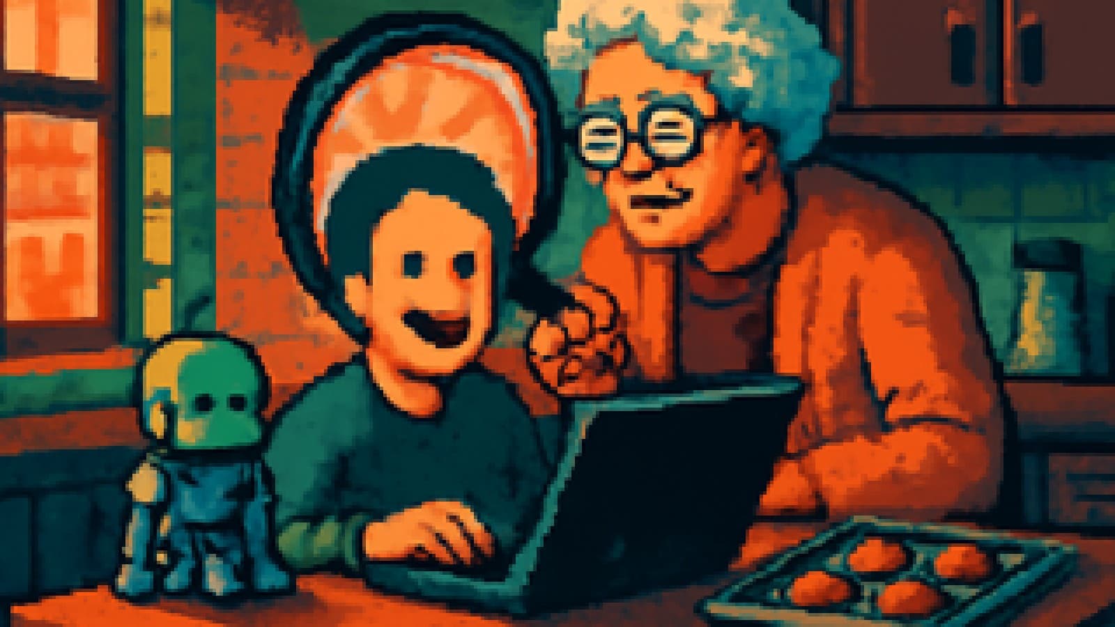 Pixel-art grandmother examining a person at a laptop with a magnifying glass while a small robot sulks nearby