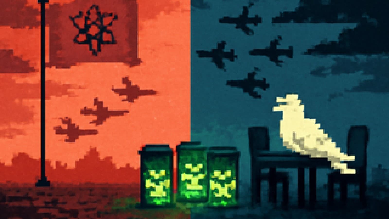 Pixel-art battlefield with fighter jets advancing on one side and a negotiating table with a dove on the other, glowing uranium canisters between them.
