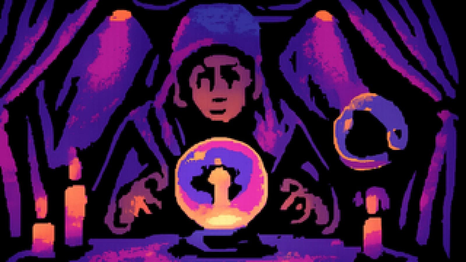 Pixel-art crystal ball glowing with a golden trophy inside while a small astronaut helmet floats nearby
