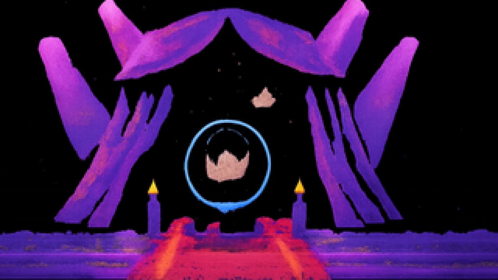 Pixel-art crystal ball revealing a golden crown above a red carpet, with a smaller crown drifting in a starry sky