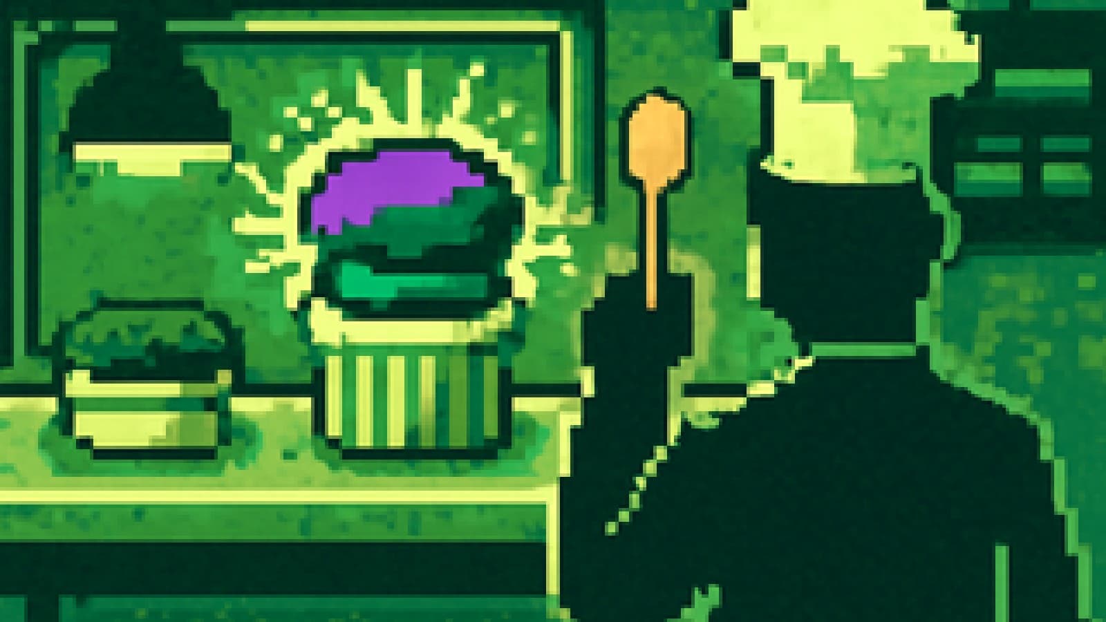 Pixel-art kitchen scene with a tall rising soufflé next to a collapsed one on a cold steel counter.