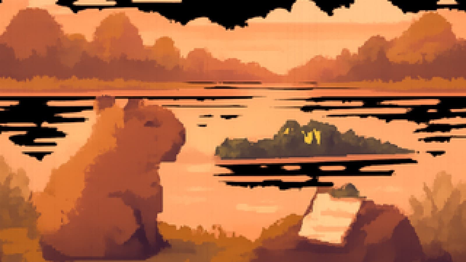 Pixel-art capybara on a riverbank watching a half-submerged crocodile at dusk.