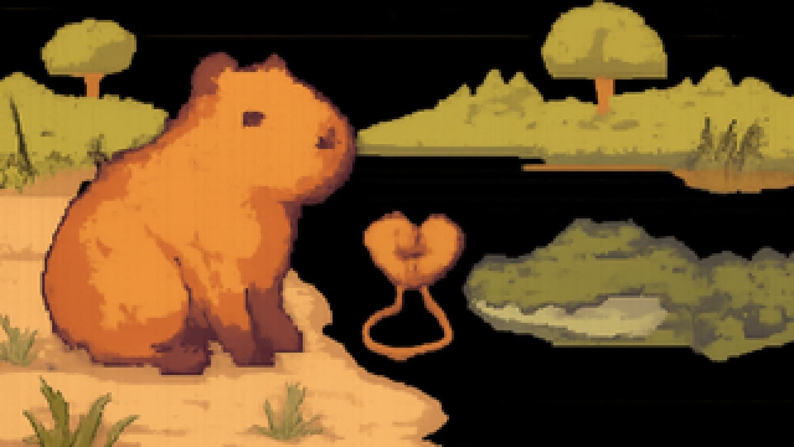 Pixel-art capybara and crocodile at a river, with a broken friendship bracelet floating between them.