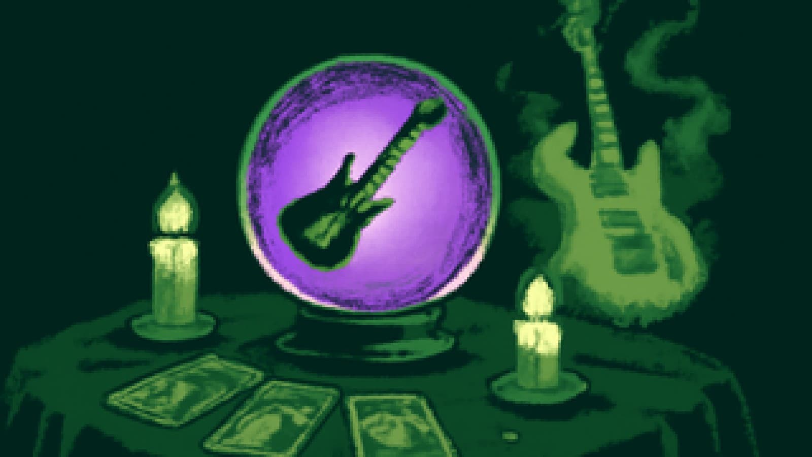 Pixel-art crystal ball showing a modern eight-string guitar while a ghostly vintage guitar fades into smoke