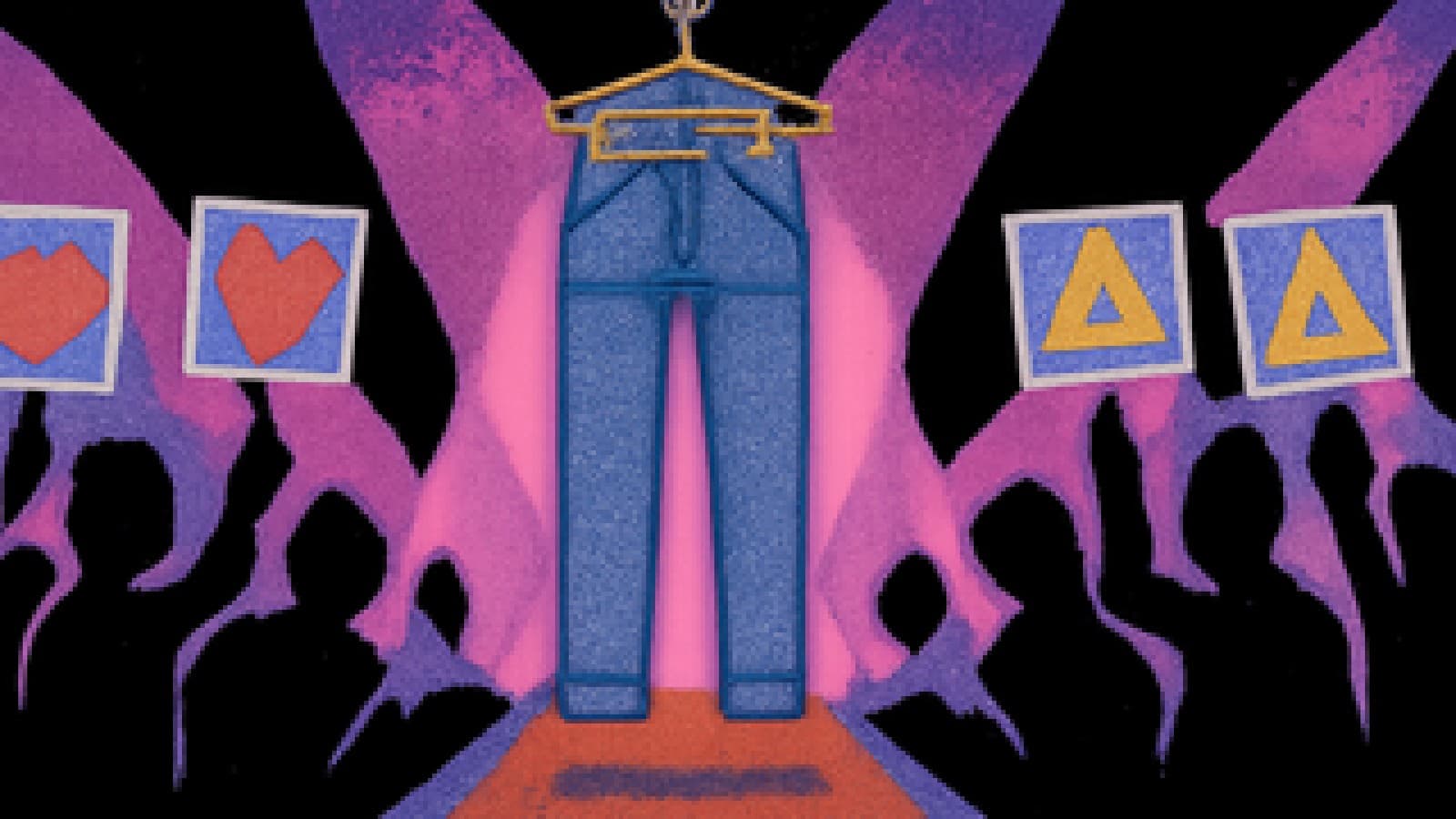 Pop-art illustration of a pair of jeans in a spotlight with two rival crowds holding up opposing signs