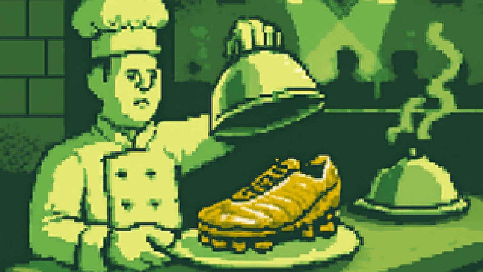 Pixel-art cooking show judge revealing a golden football boot under a silver cloche