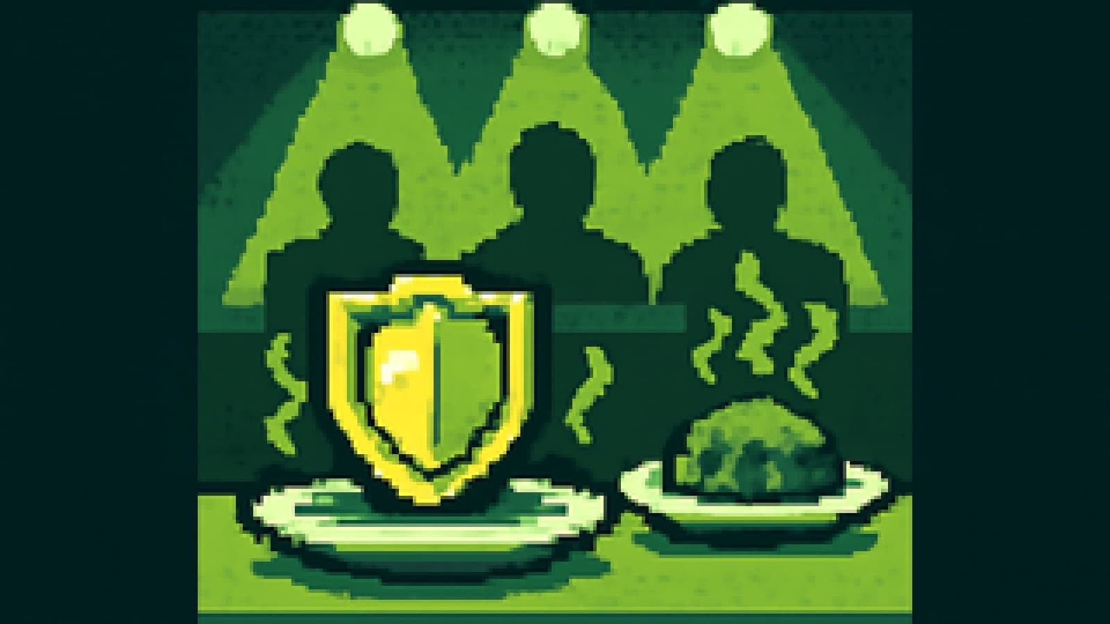Pixel-art cooking show judge's table with a golden shield trophy on the winning plate beside a runner-up plate