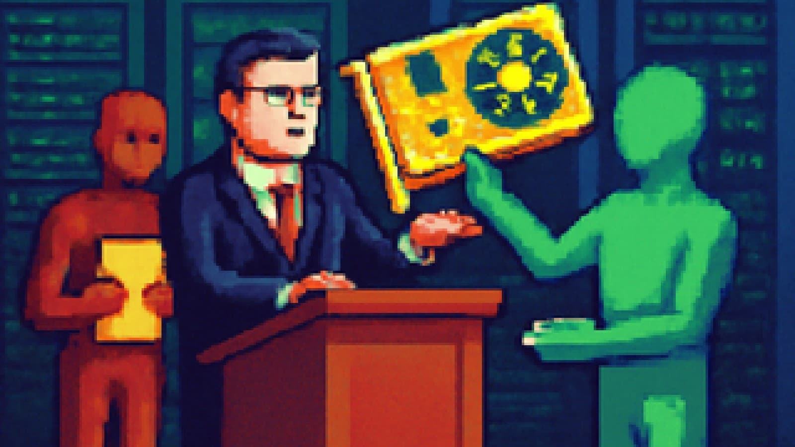 Illustrated award ceremony where a giant golden GPU trophy goes to a green chip while a red chip holds a folder