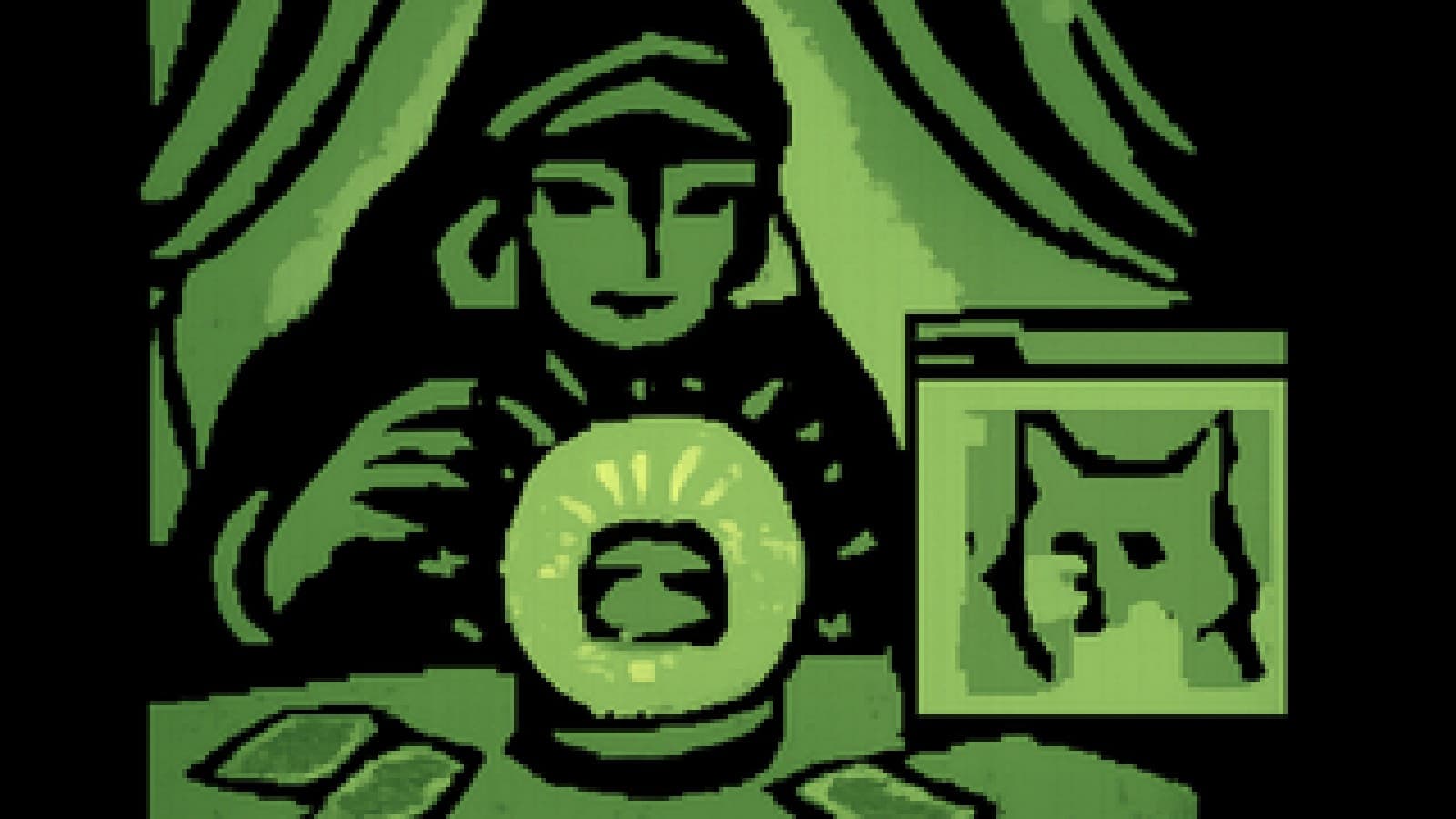 Pixel-art crystal ball crowning a glowing wallet as a small fox watches from behind a glass window.