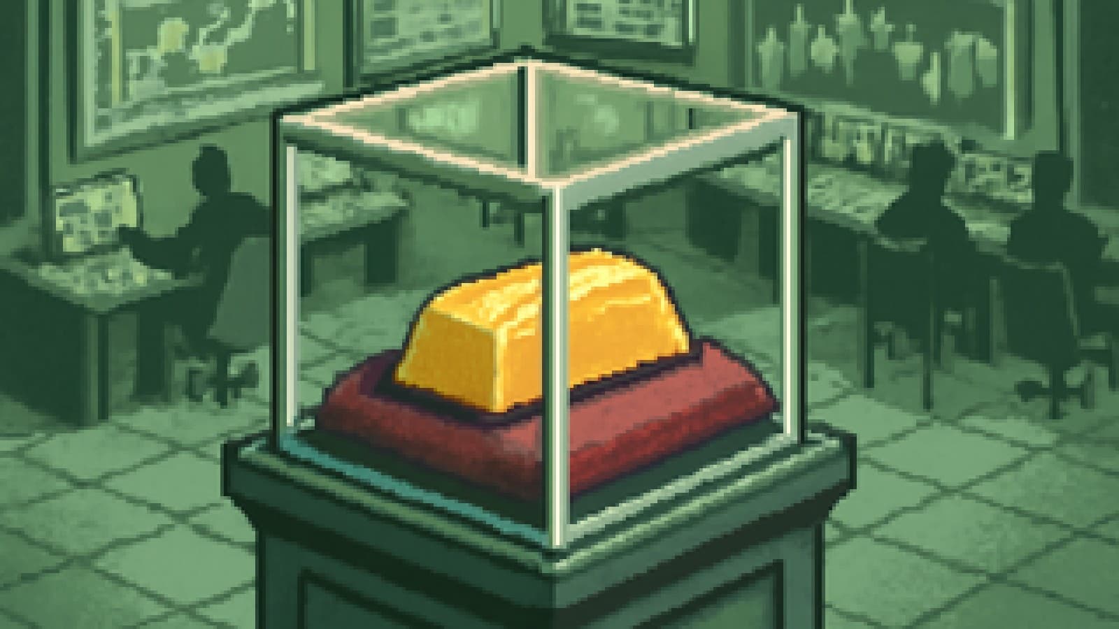 A gold bar displayed in a museum case in front of a modern central bank control room.