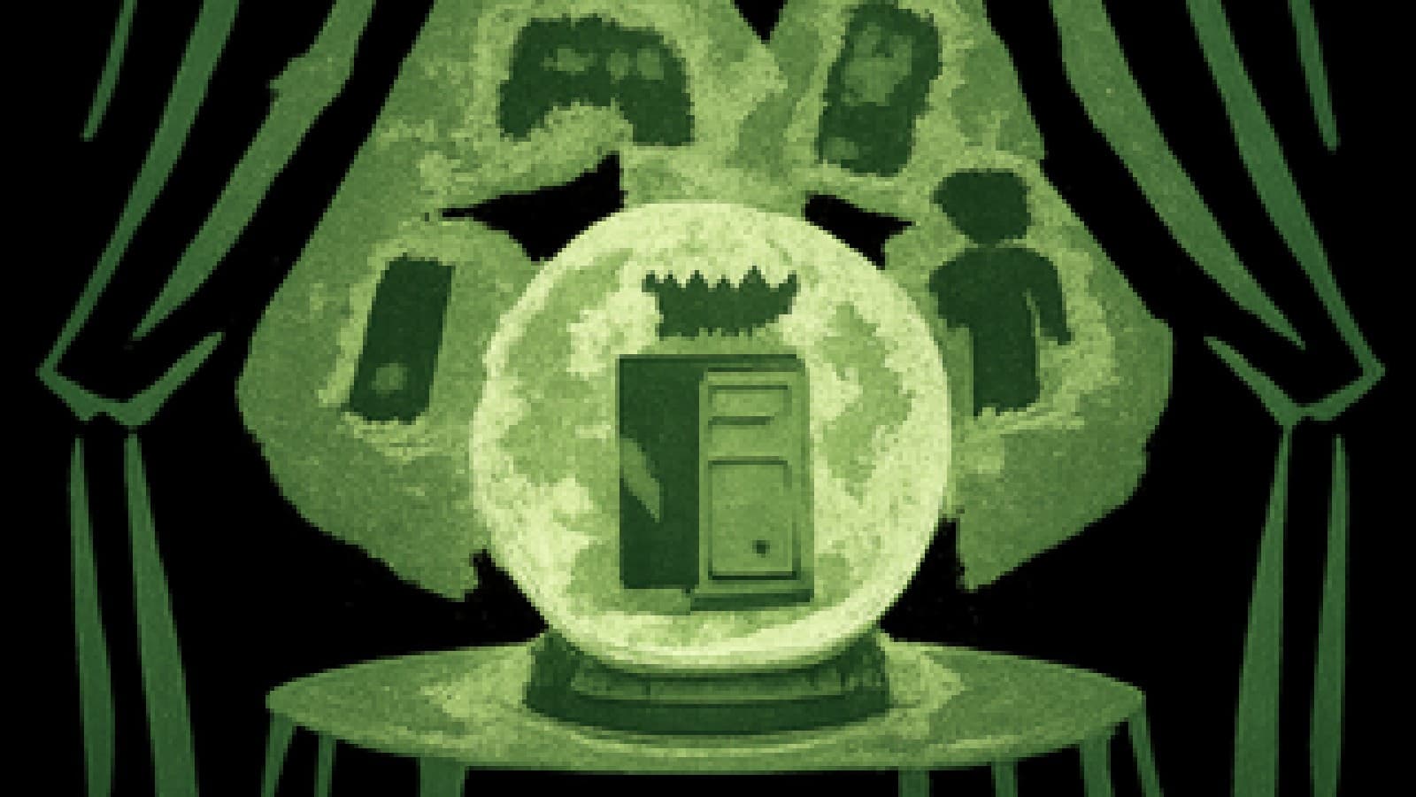 Crystal ball showing a crowned PC tower in steam, with shadowy gaming devices and a blocky avatar circling in the surrounding mist.
