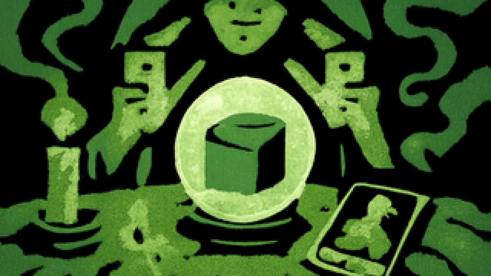 Pixel-art crystal ball glowing with a blue ballot box next to a tower tarot card on a velvet table.
