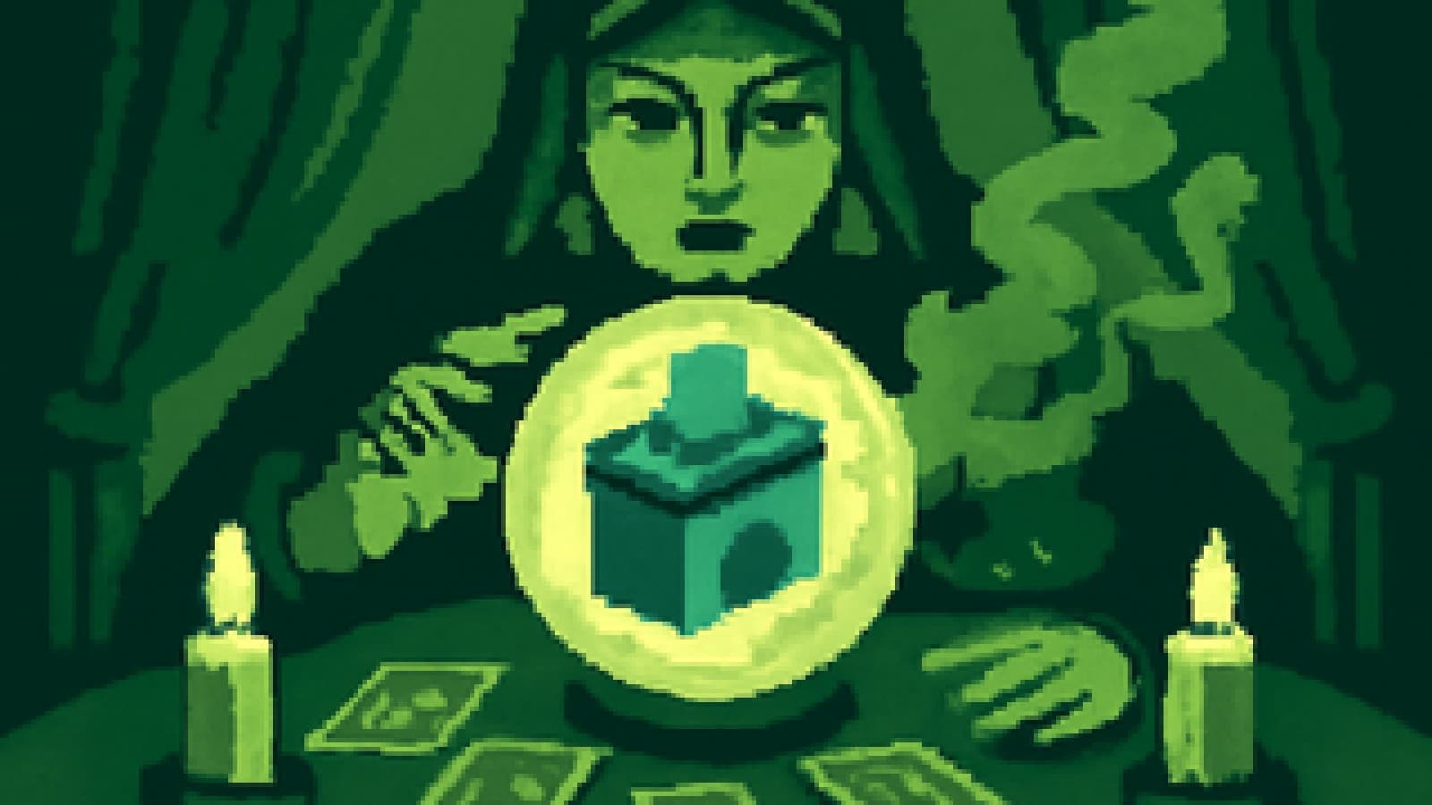 Pixel-art crystal ball showing a blue ballot box rising over a fading red one, surrounded by tarot cards and candles.