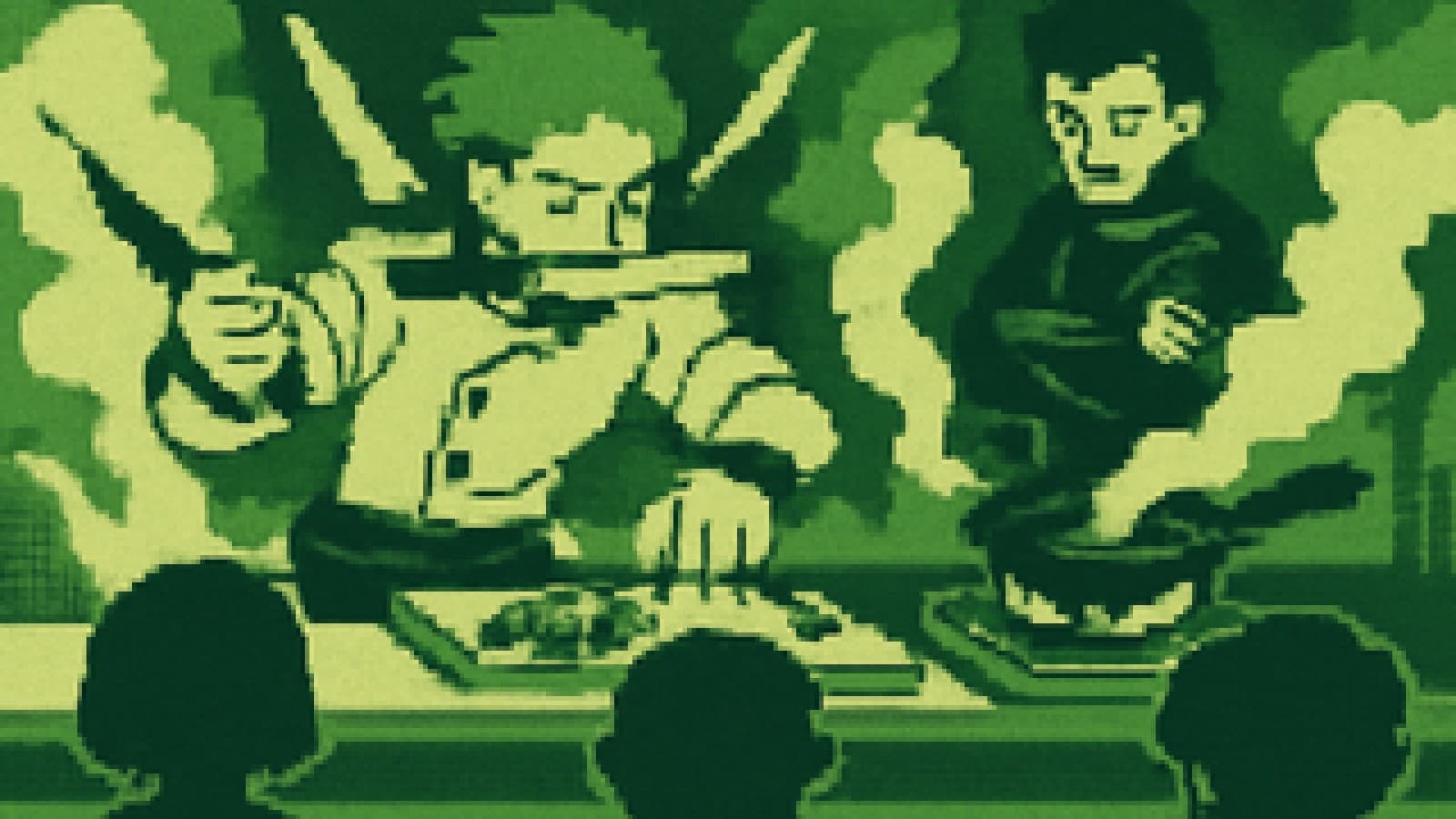 Pixel-art cook-off with a three-knife swordsman chef slicing vegetables beside a brooding rival chef at a blue-flamed stove