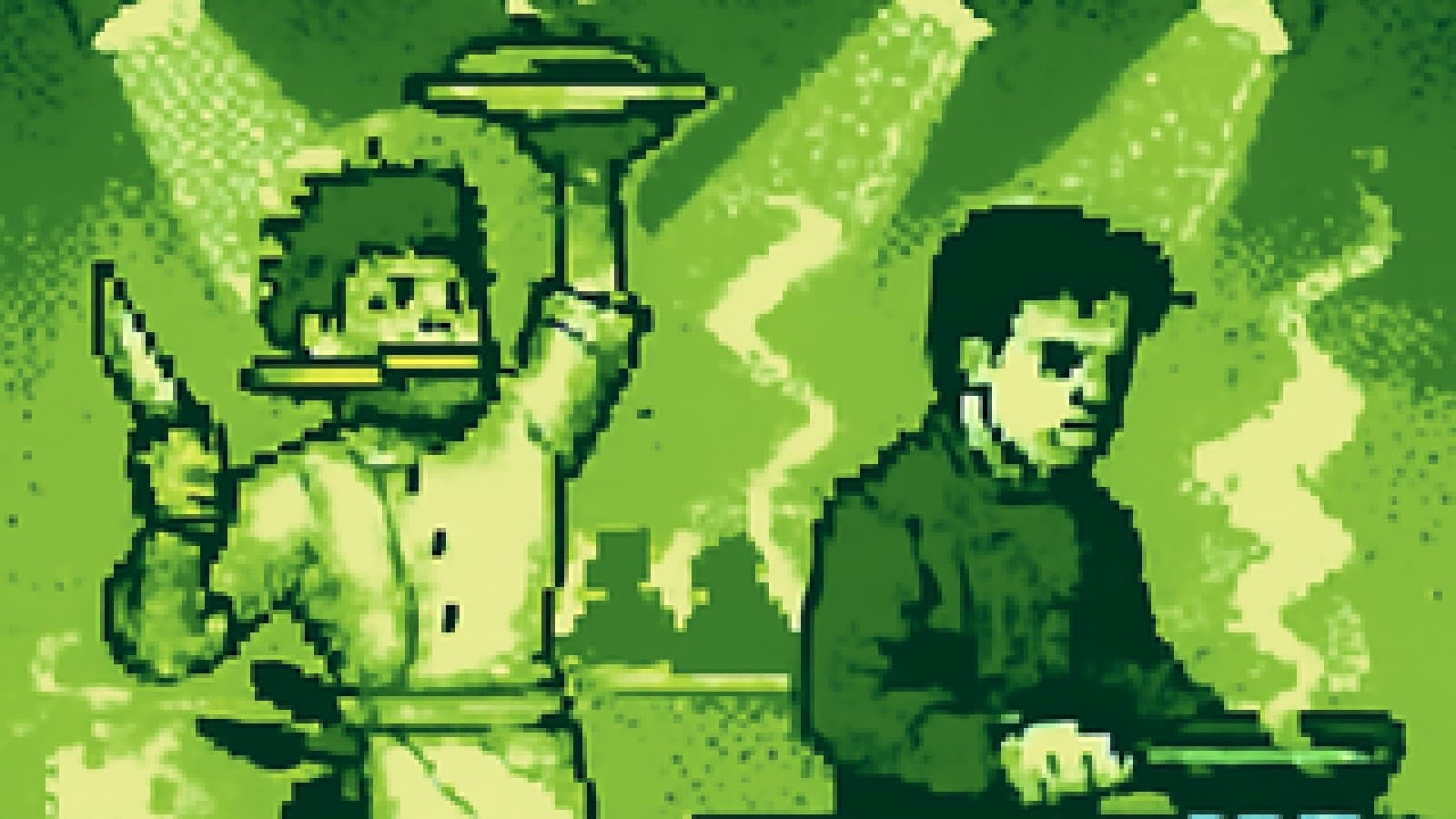 Pixel-art cook-off scene with a three-knife swordsman chef celebrating a win next to a brooding rival at a blue-flamed stove