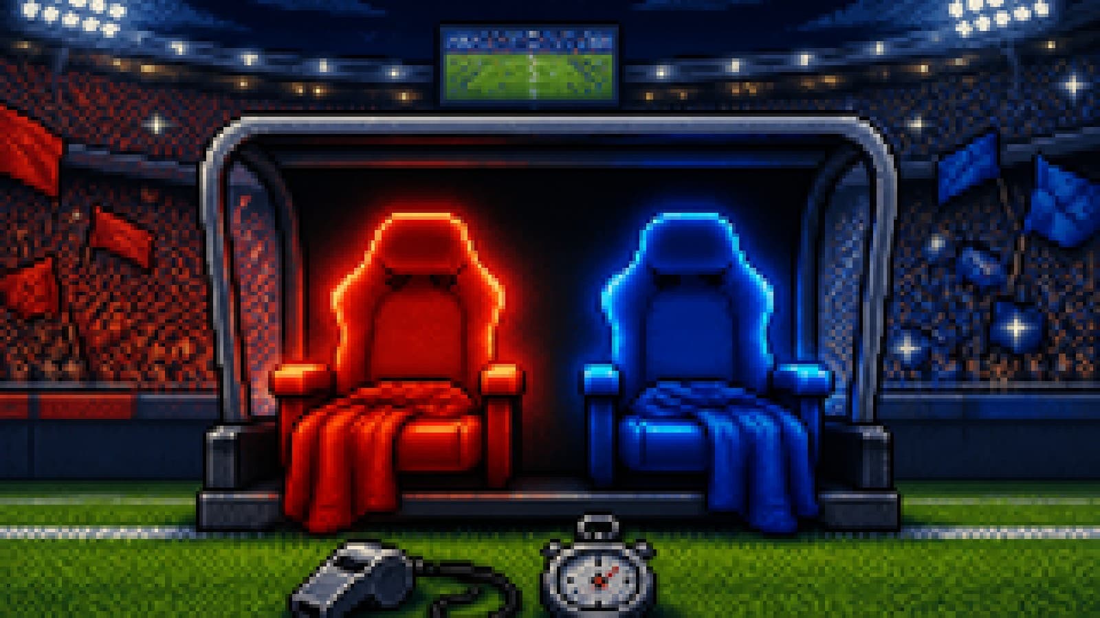 Two red-hot dugout seats, one red and one blue, on the touchline of a floodlit football stadium