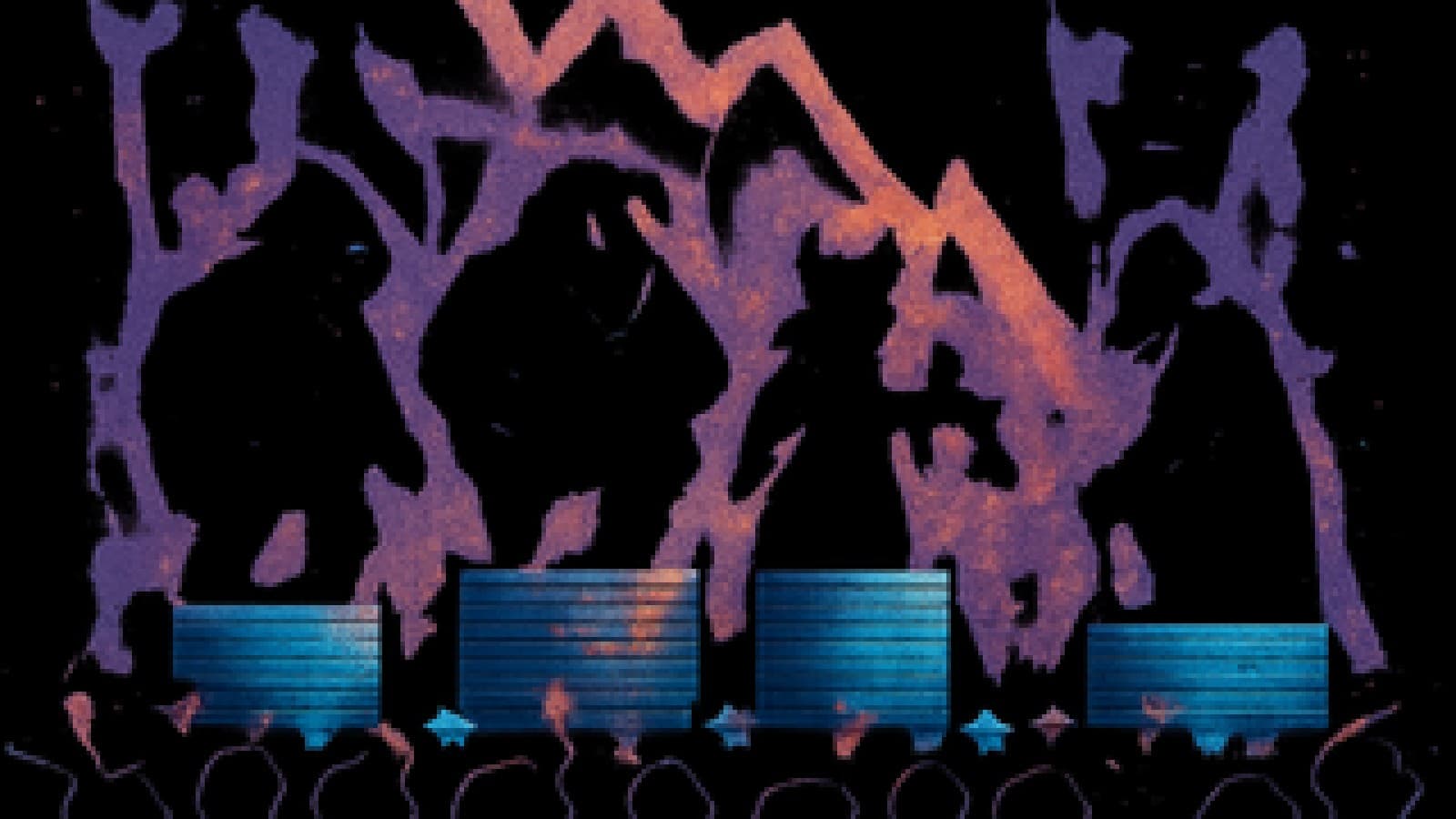Four villain silhouettes on podiums of fallen coins in front of a crashing red chart, with a crowd of traders below