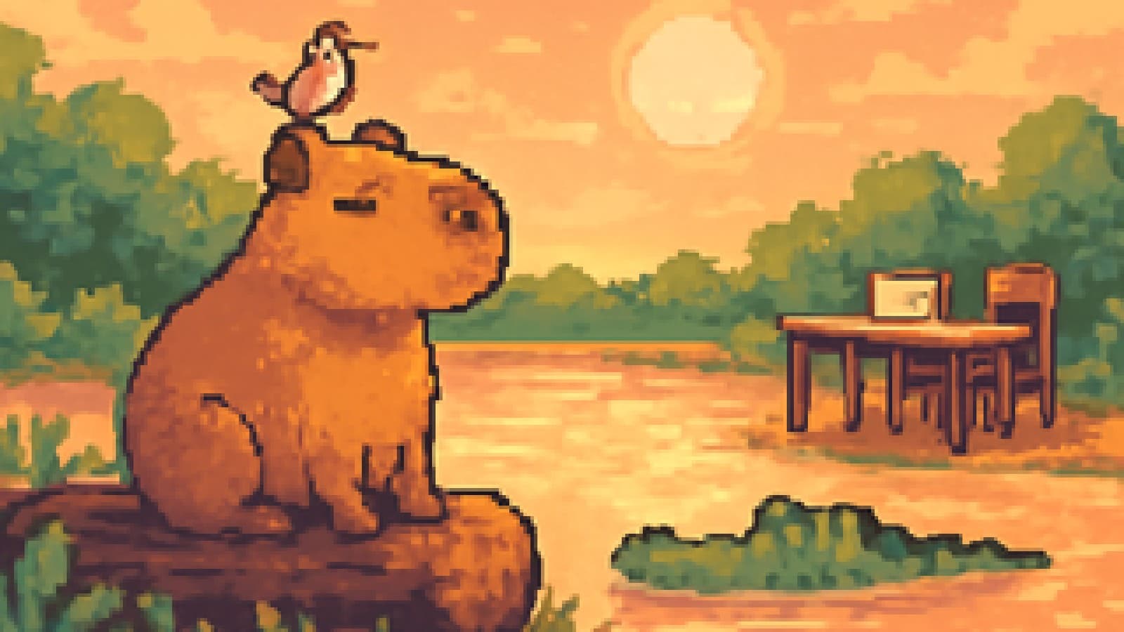 Pixel-art capybara sitting on a riverbank log next to a half-submerged crocodile at sunset