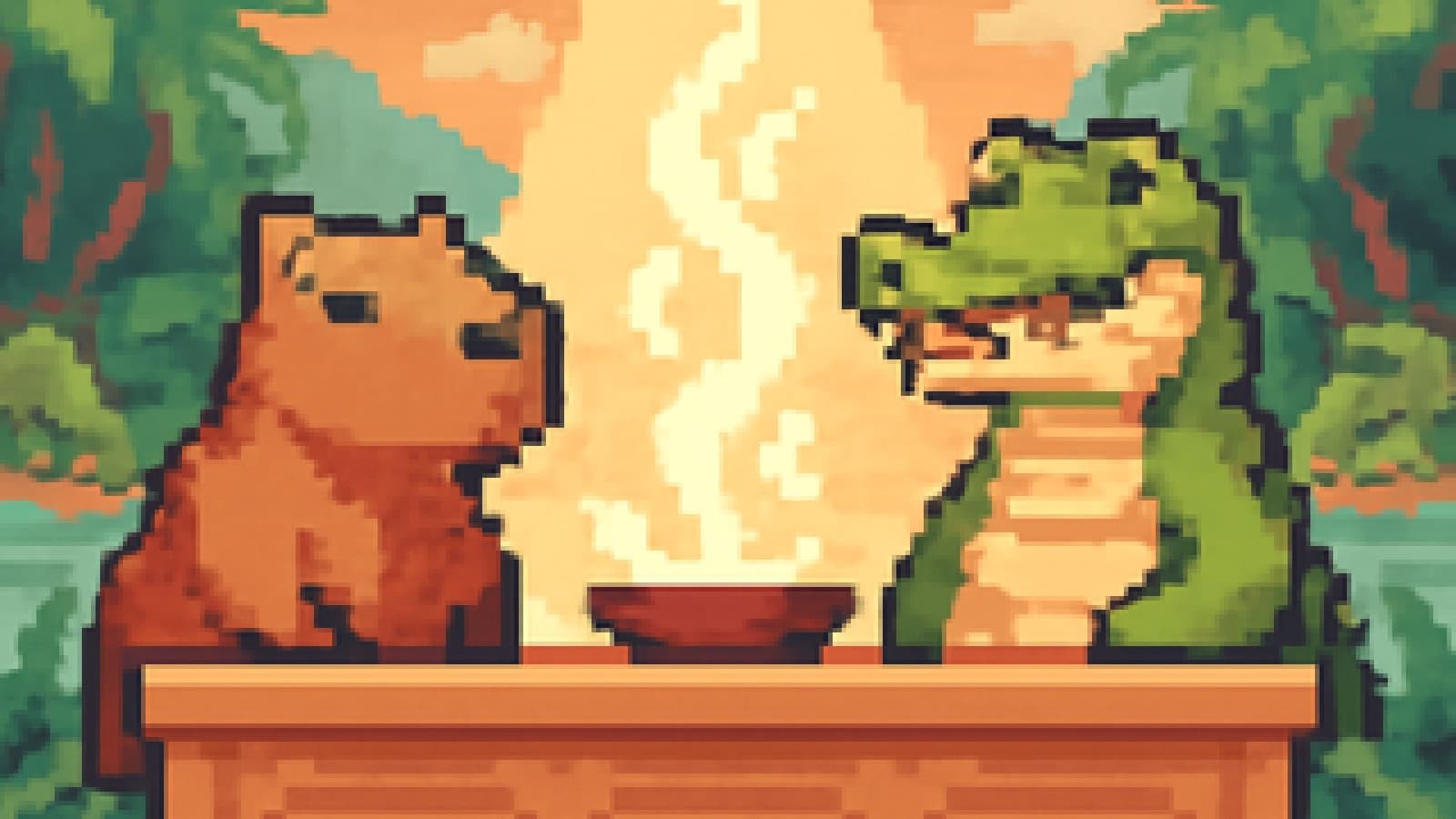 Pixel-art capybara and crocodile standing side by side at a cooking-show counter on a riverbank