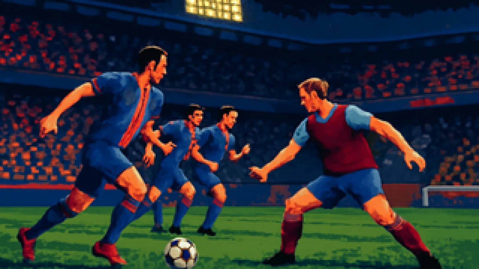Pixel-art football stadium at night with rival fans and a lone defender facing onrushing attackers