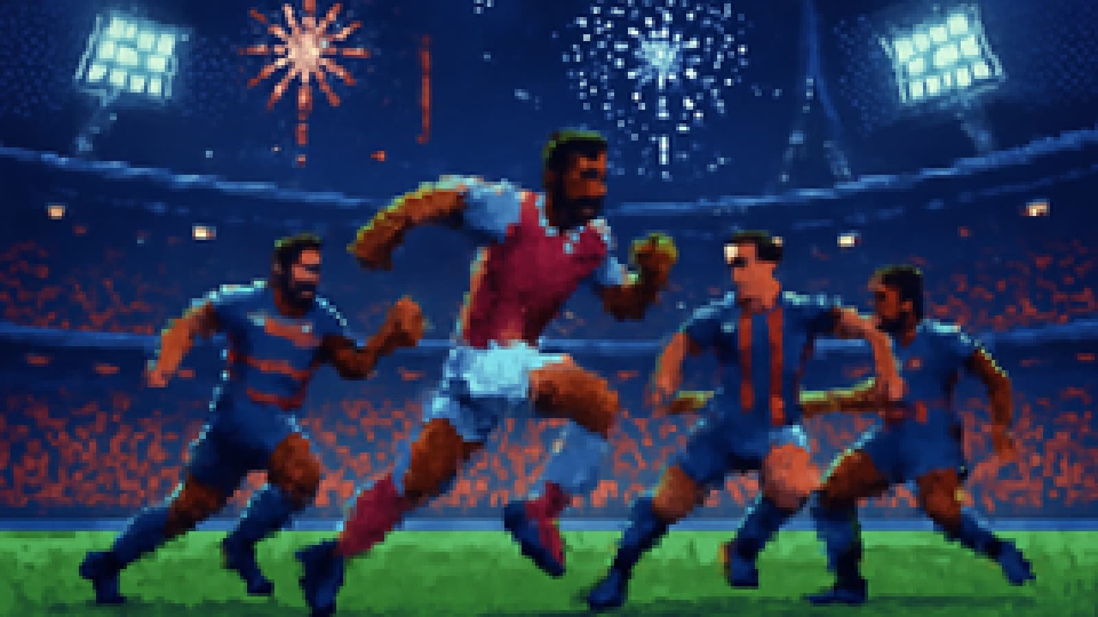 Pixel-art striker in claret and blue breaking through defenders in a floodlit Paris stadium