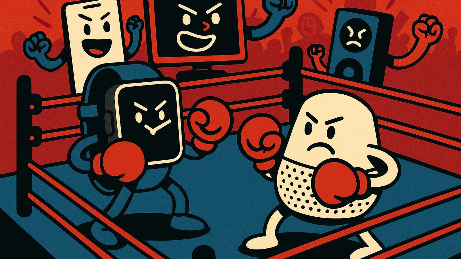 Cartoon smartwatch and smart home hub squaring off in a boxing ring, with other smart gadgets watching from ringside