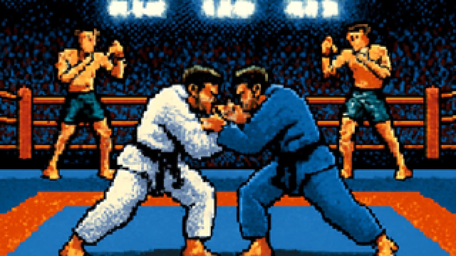Pixel art of two martial artists grappling in a ring while three others warm up outside the ropes.